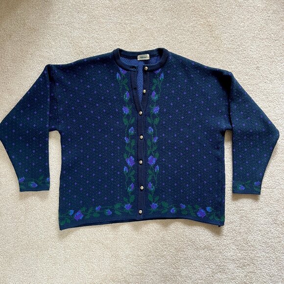 Vintage St Michael, Floral Knit Cardigan Sweater, Navy Blue, Boxy, Fall, Winter - Picture 1 of 7